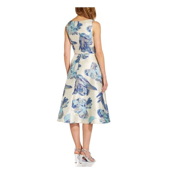 ADRIANNA PAPELL Womens Blue Lined Sleeveless Below The Knee Fit + Flare Dress 4 - Picture 2 of 4